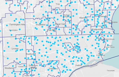 Map of elementary school district boundaries and locations of public schools in Detroit, MI.