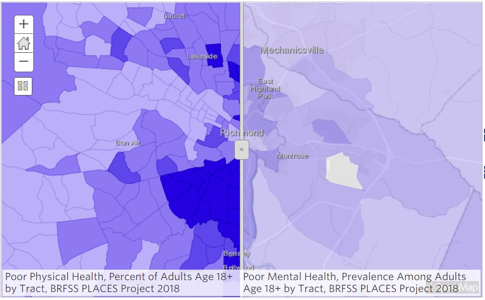 Map highlighting poor mental health and poor physical health data at the census tract level for Richmond, VA