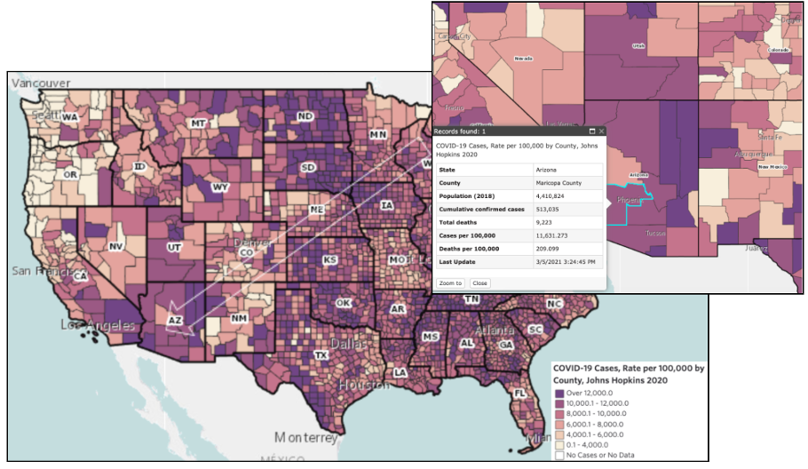 Map of COVID-19 cases nationally and zoomed in to Maricopa County, AZ