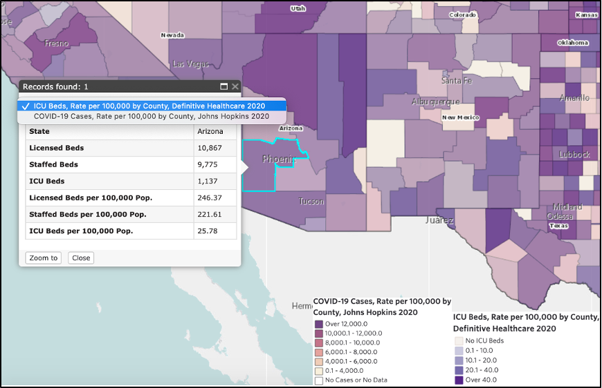Map showing ICU beds and COVID-19 cases in Maricopa County.