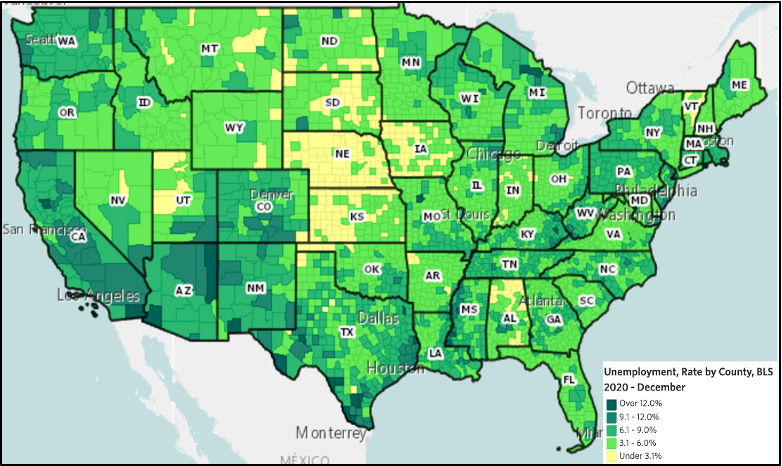 Map showing national Unemployment Rate as of December 2020.