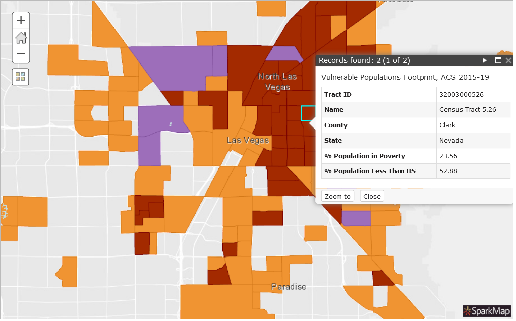 Map demonstrating Vulnerable Populations Footprint tool in Las Vegas, NV