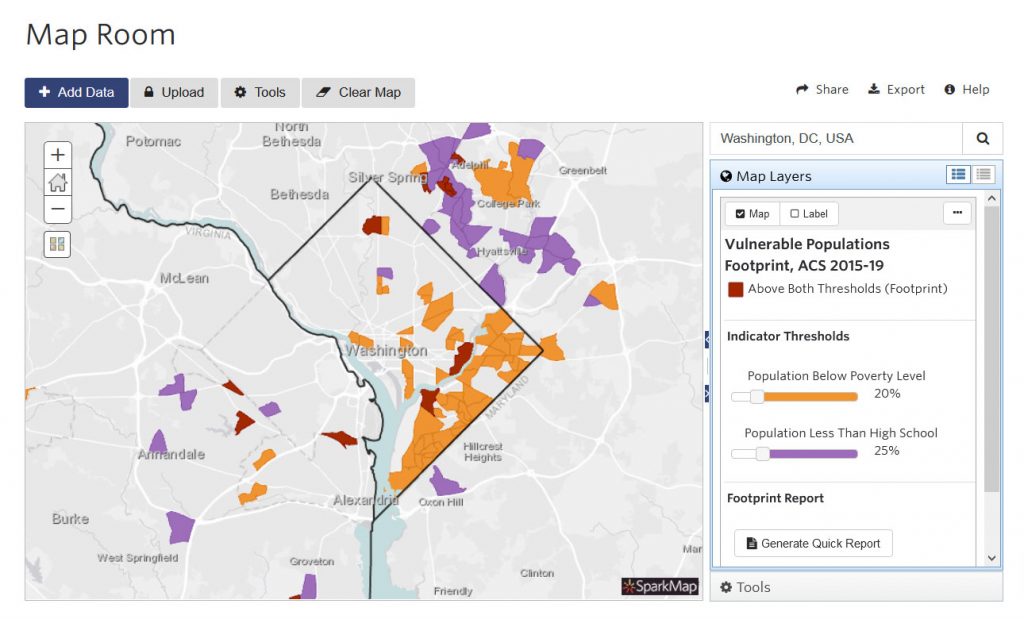 Vulnerable populations footprint map screenshot in Washington DC