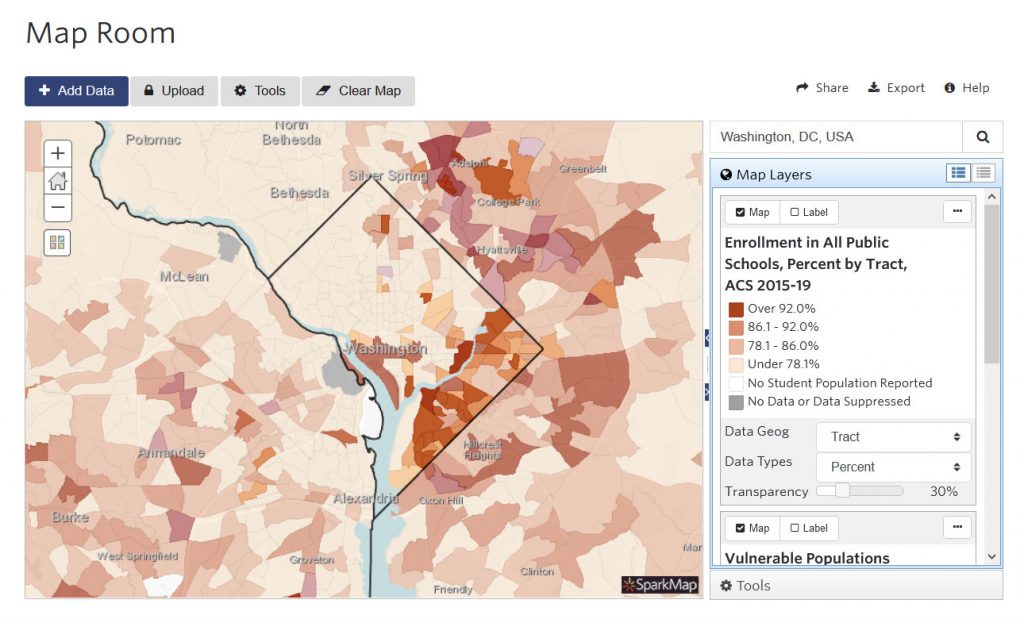 Map showing enrollment in all public schools in Washington DC