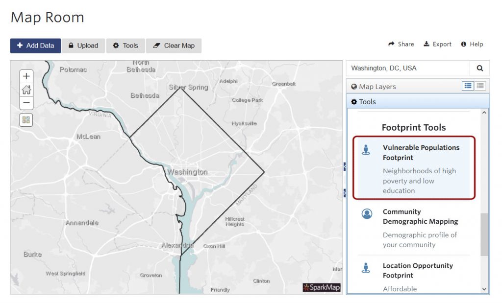 Screenshot of the Vulnerable Populations Footprint (VPF) tool in the SparkMap Map Room