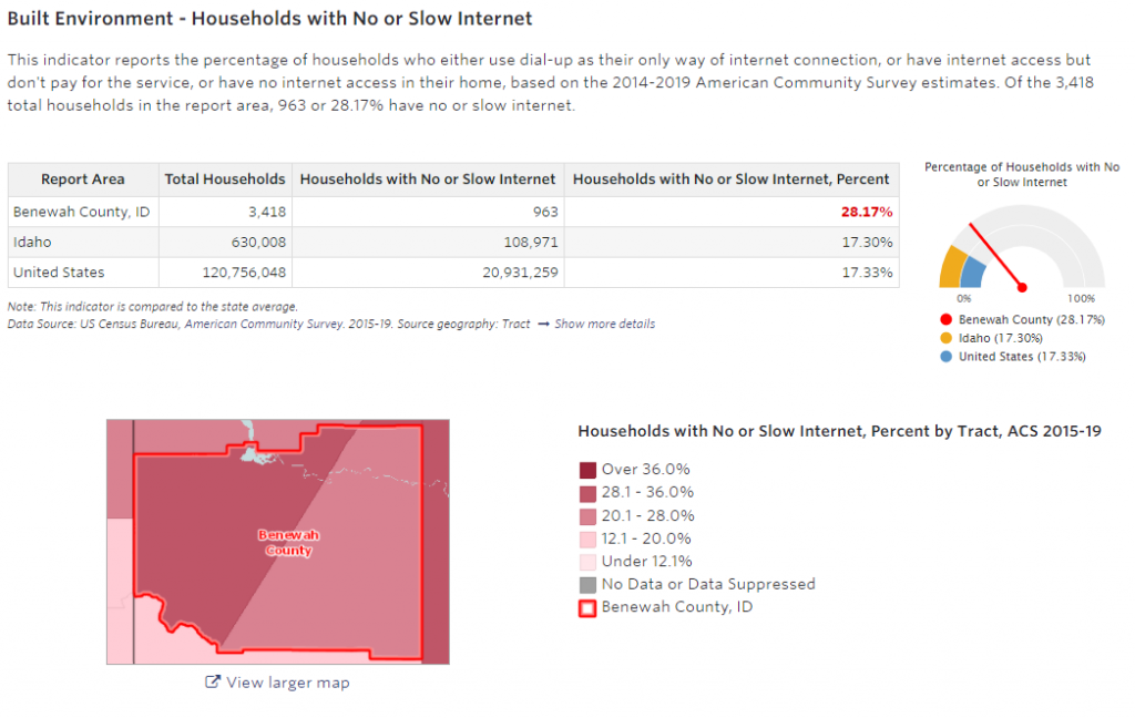 A Community Needs Assessment screenshot for Benewah County, ID. This data shows 28.17% of households in that county have slow or no internet.