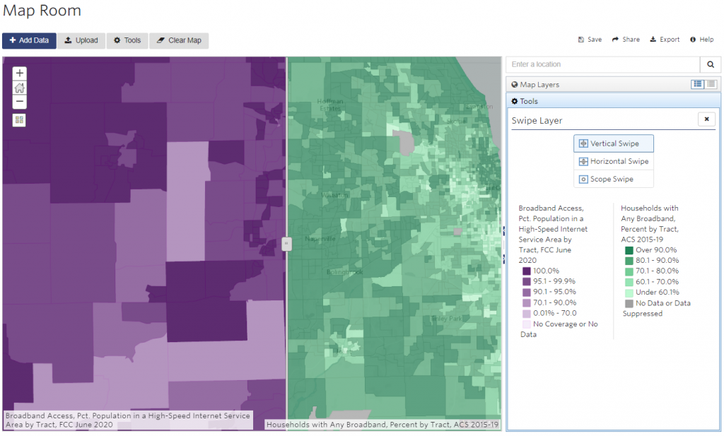 Map of broadband access in Illinois. Comparing the FCC and the ACS data on broadband connectivity.