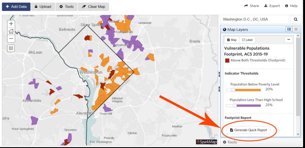 Map highlighting the "Generate Quick Report" Button in the SparkMap Map Room