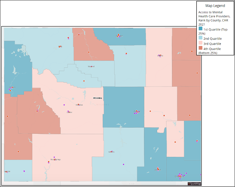 Mental health facilities and access to mental health provider rankings by county in Wyoming