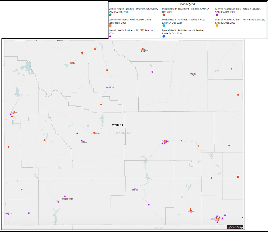 Screenshot of map with mental health facilities and centers in Wyoming highlighted