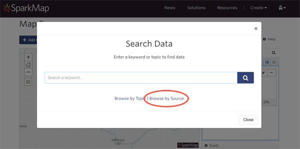 Screenshot highlighting where to browse by source in the SparkMap Map Room