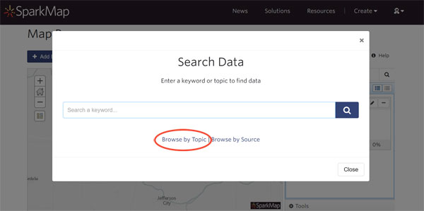 Screenshot highlighting where to browse by topic in the SparkMap Map Room