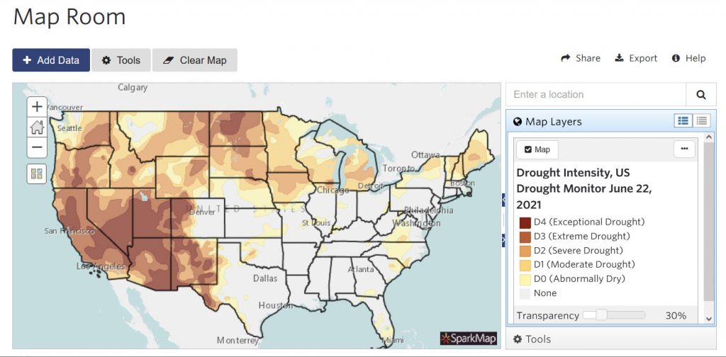 Map of drought data in the US at time of blog publication (June 2021).