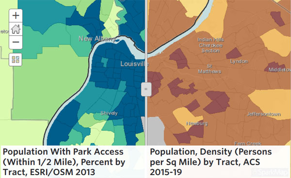 Map showing park access and population density for Louisville, KY