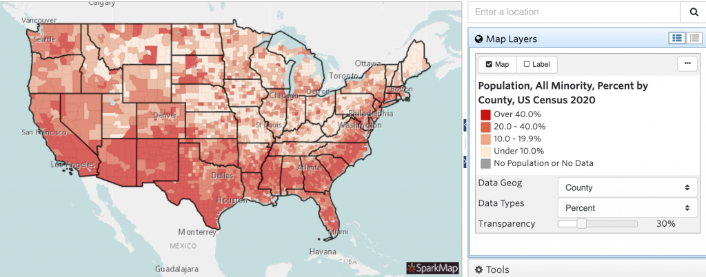 Screenshot of map showing all minority population percent by county in the US from Census 2020