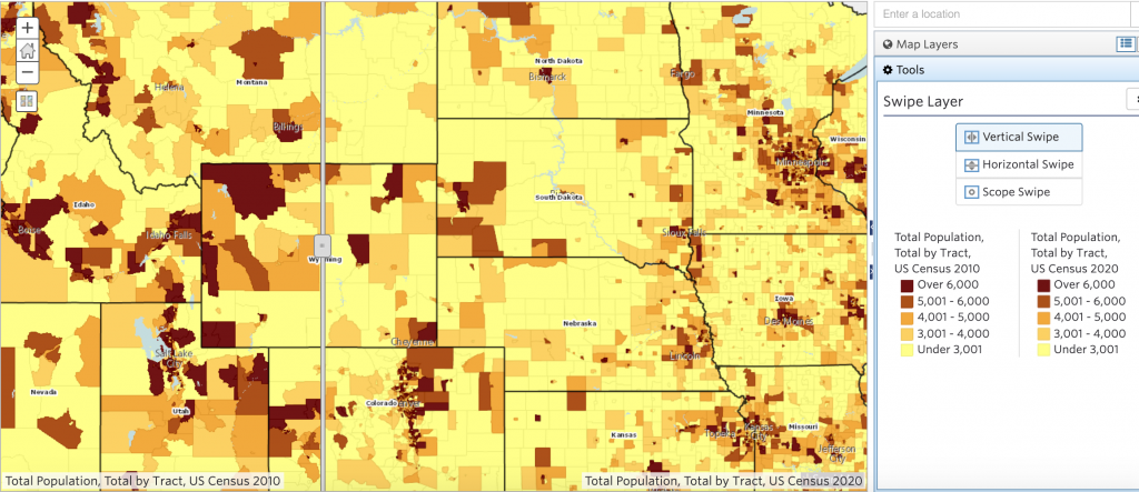 Total population by tract map comparing Census 2010 to Census 2020 data