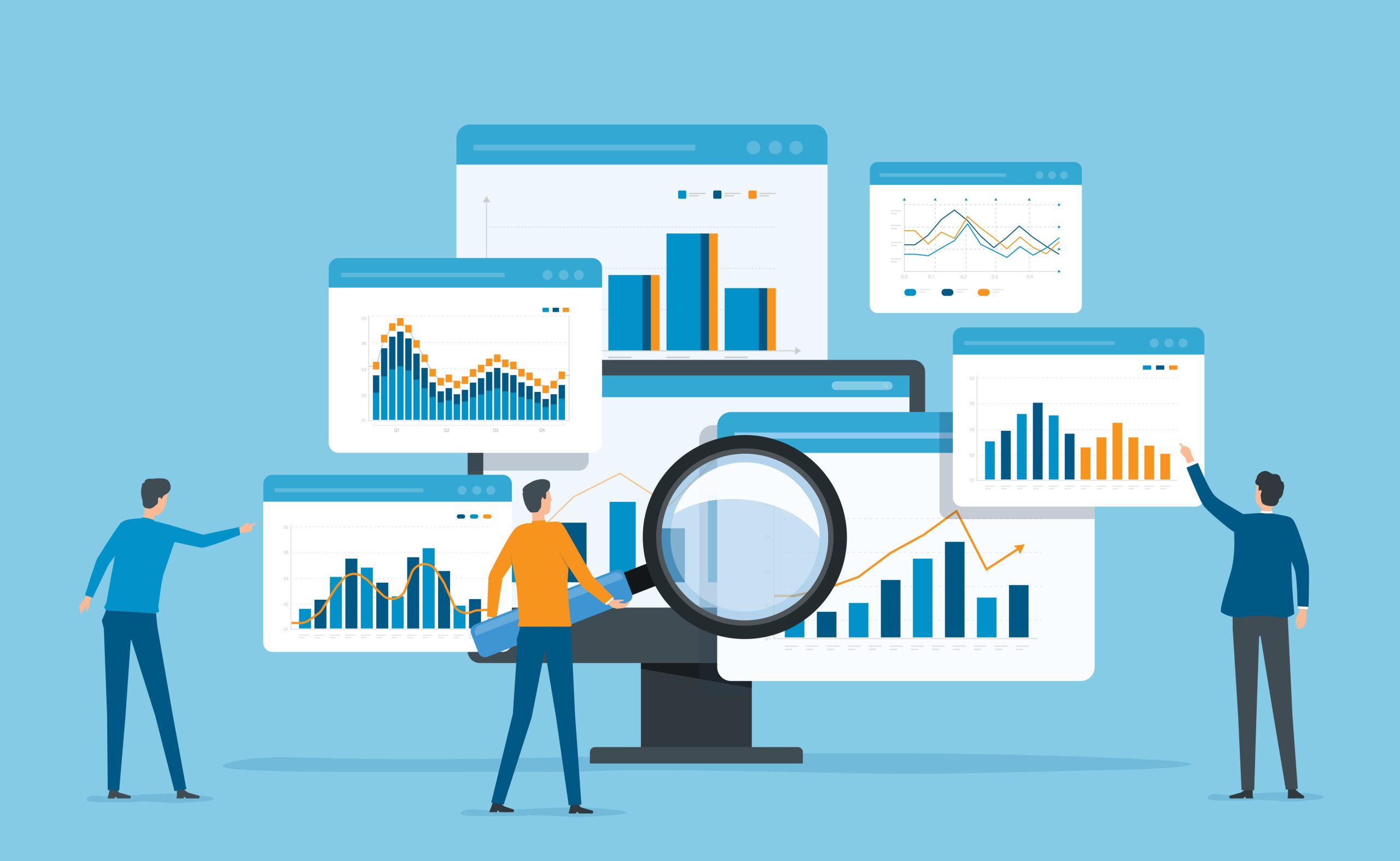 Decorative image of cartoons looking at data with a magnifying glass