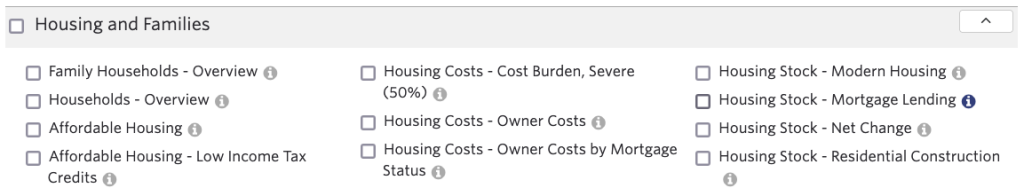 Screenshot of Housing stock and housing and families data in the SparkMap Community Needs Assessment