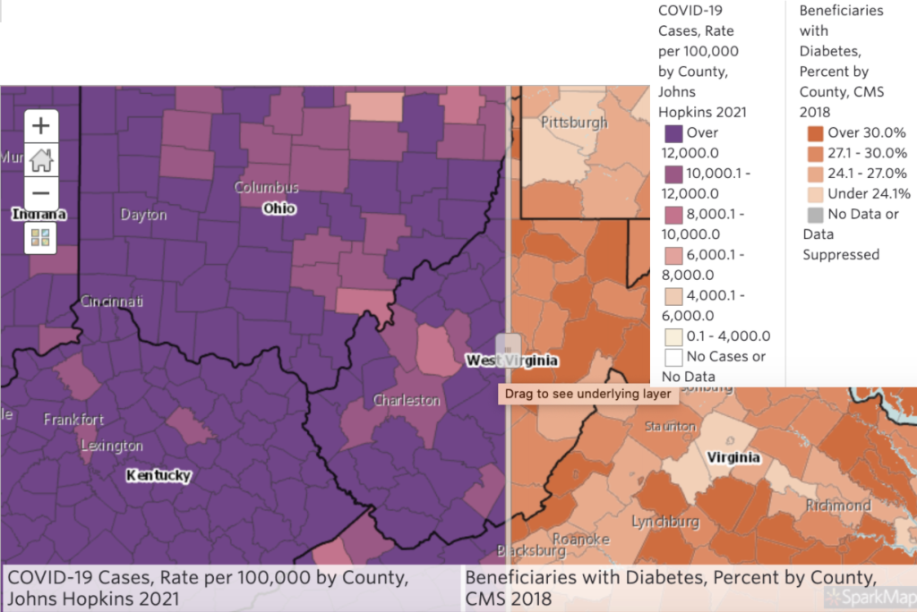 Screenshot showing swipe tool showing the rate of COVID-19 cases per 100,000 people vs the percentage of Medicare Beneficiaries with Diabetes.