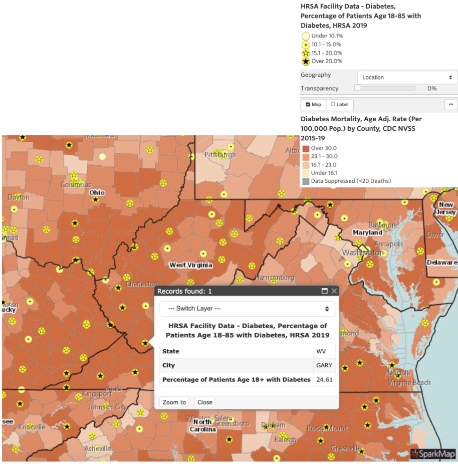 Screenshot showing point data highlighting Federally Qualified Health Centers receiving HRSA funding. 