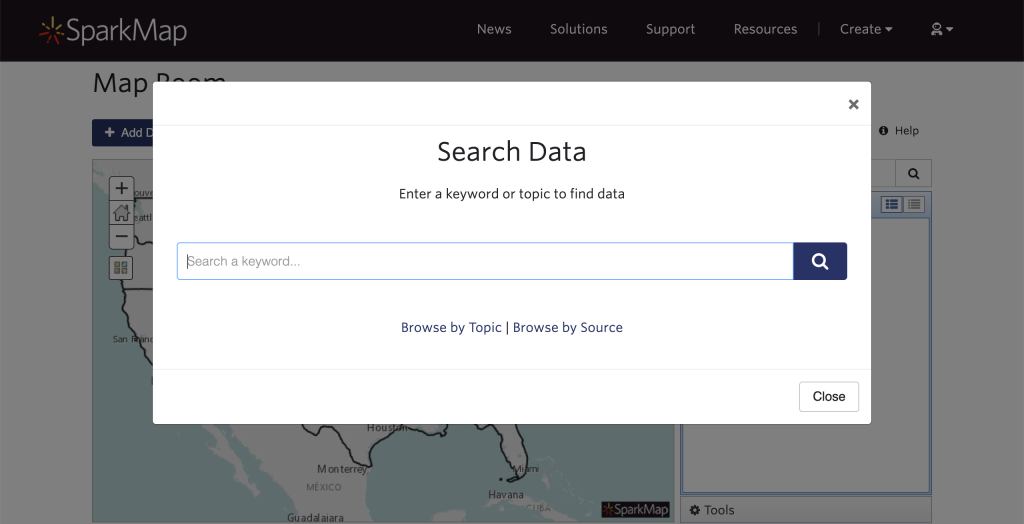 Screenshot of "search data" box in the SparkMap Map Room