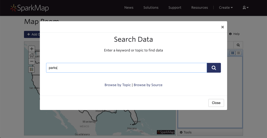 Searching a keyword in the SparkMap Map Room