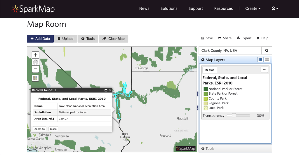 Screenshot of map showing parks in Clark County, NV