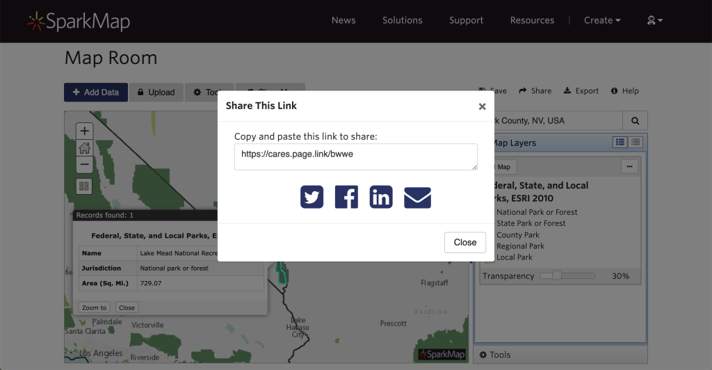 Screenshot highlighting how to share maps from the SparkMap Map Room