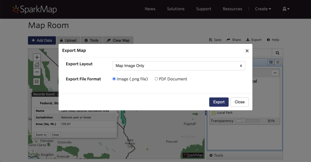 Screenshot showing how to export the map in the SparkMap Map Room