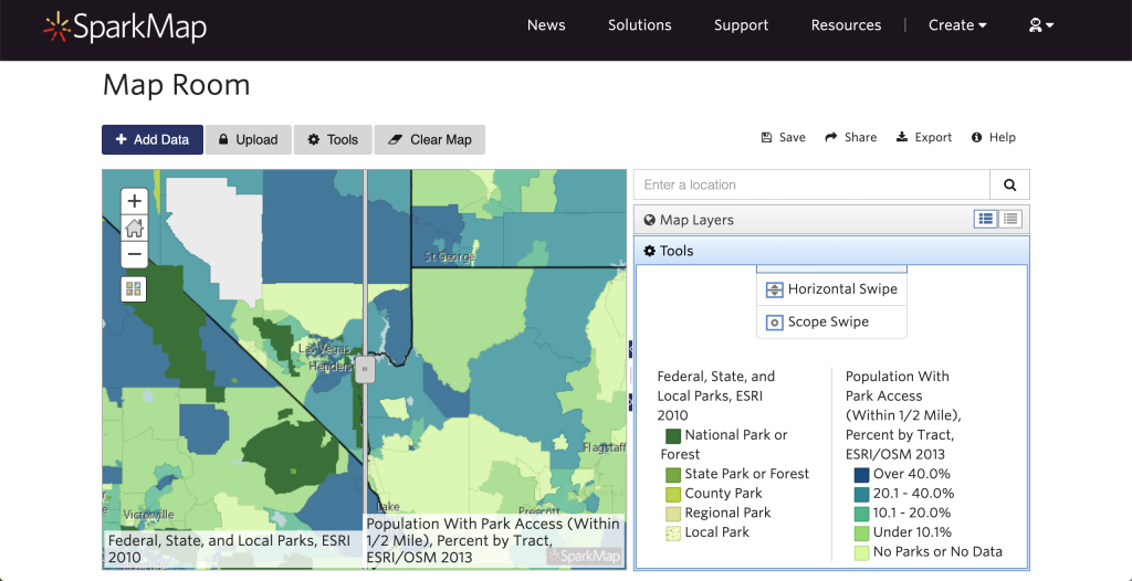 Screenshot comparing two layers using the swipe tool in the SparkMap Map Room