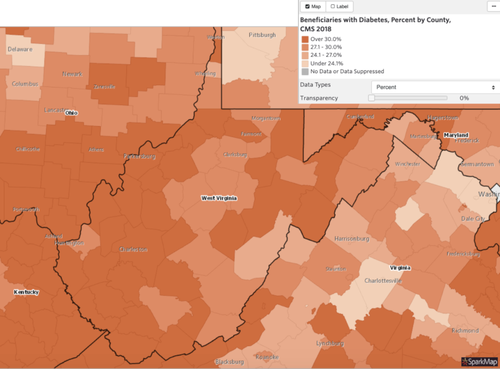 Map screenshot showing the percentage of Medicare Beneficiaries with Diabetes, by County.