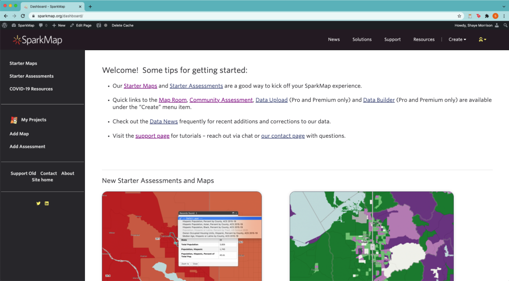 Screenshot of SparkMap Logged in subscriber dashboard