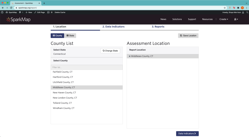 Screenshot selecting assessment location in the SparkMap Community Needs Assessment