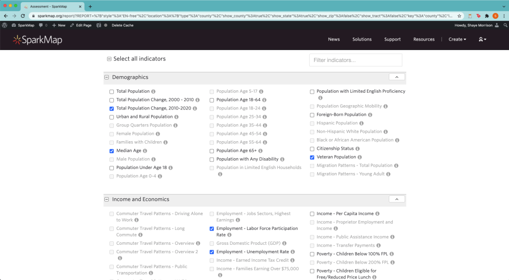 Screenshot selecting indicators to include in the community needs assessment report