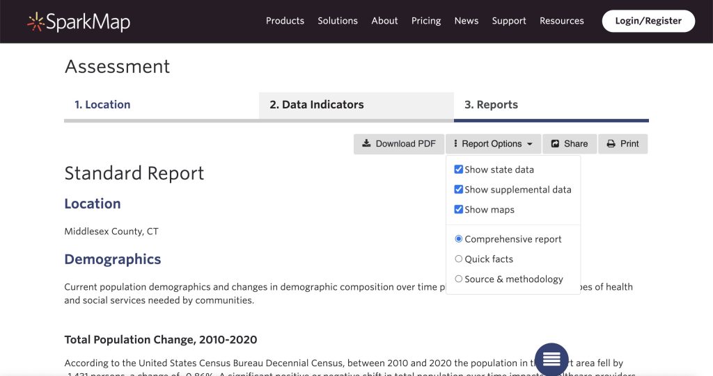 Screenshot showing SparkMap Community Needs Assessment report options
