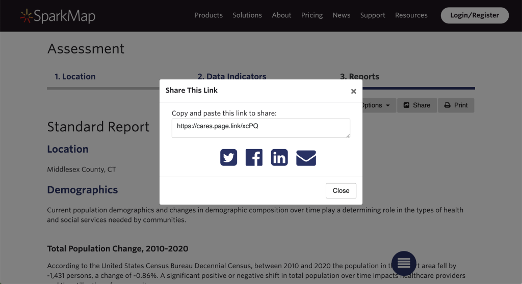 Screenshot highlighting share options in SparkMap Community Needs Assessment