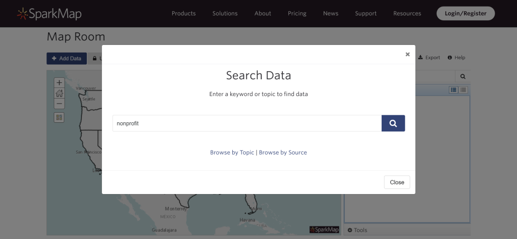 Screenshot of SparkMap Map Room,  searching for "nonprofit" as a keyword