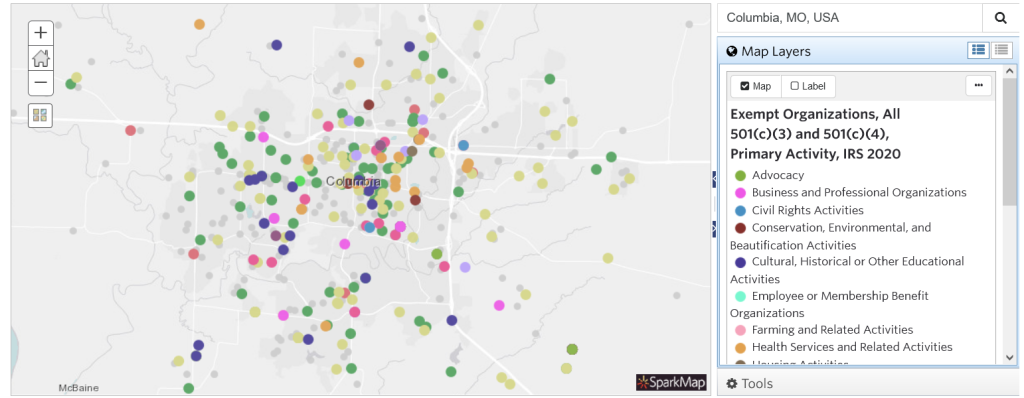 Map showing 501(c)(3) locations near Columbia, MO