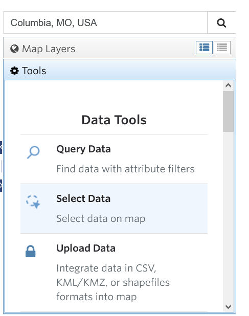 Screenshot of data tools section in the SparkMap Map Room