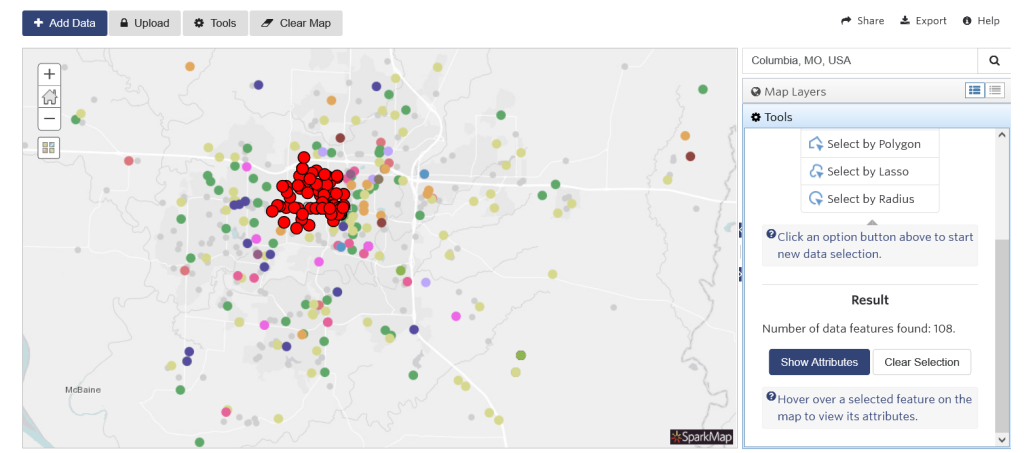 Screenshot of nonprofit locations that meet our criteria in the SparkMap Map Room