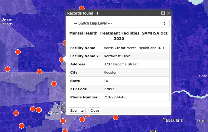Screenshot of facility information example on map in Houston, TX