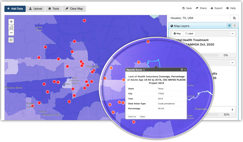 Screenshot highlighting the lack of insurance coverage for an area of Houston, TX