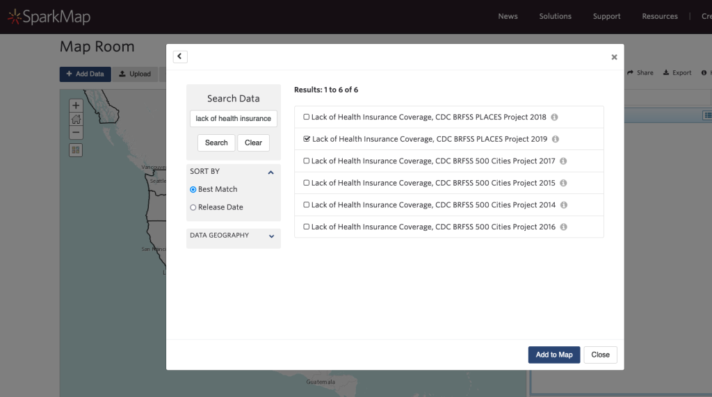 Screenshot showing data selection in SparkMap Map Room