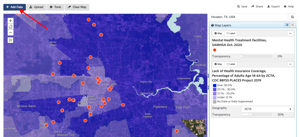 Screenshot of map showing mental health treatment facilities and Lack of Insurance Coverage for adults