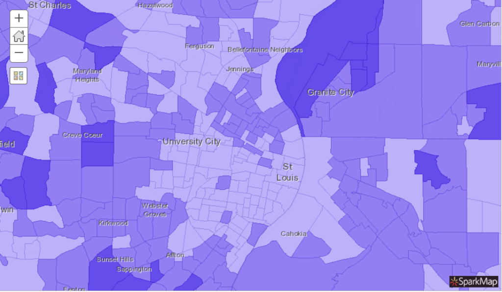 Map of High Cholesterol Prevalence by Tract in St. Louis, MO