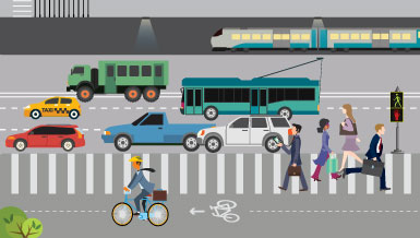 Cartoon image of commuting with cars, busses, trucks, pedestrians, and bikers.