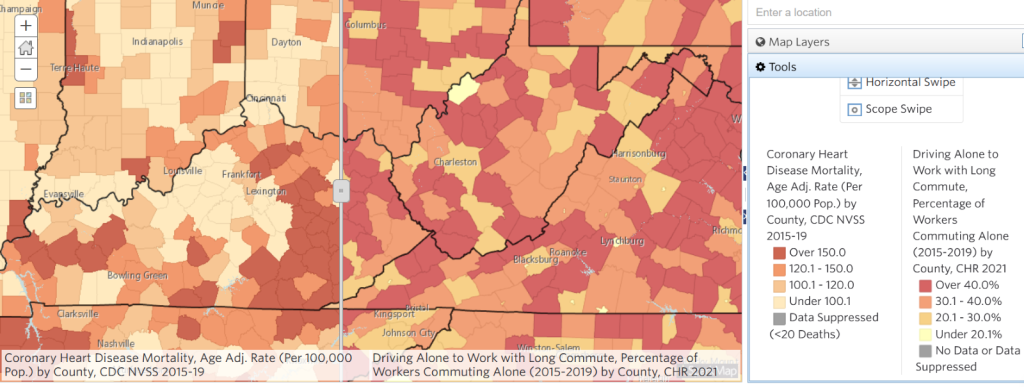 Map showing overlap of Coronary Heart Disease Mortality Rate by County and Driving Alone to Work with a Long Commute by County.