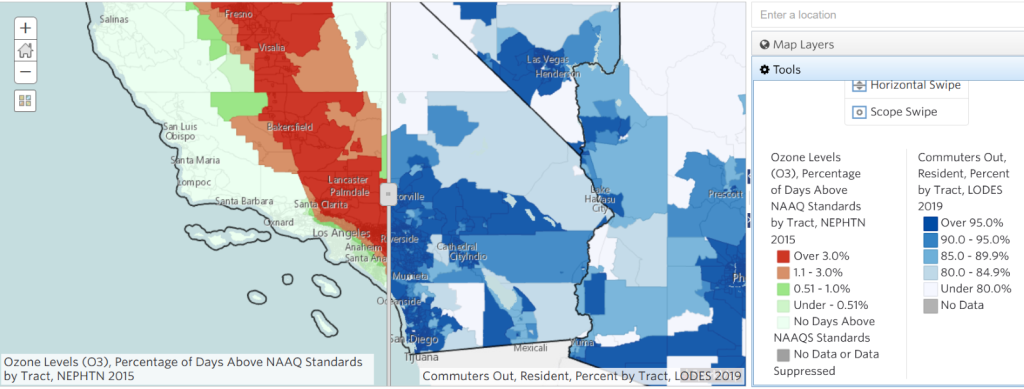 Map overlaying Ozone Levels, percentage days above NAAQ Standards by Tract and Commuters out percent by tract.