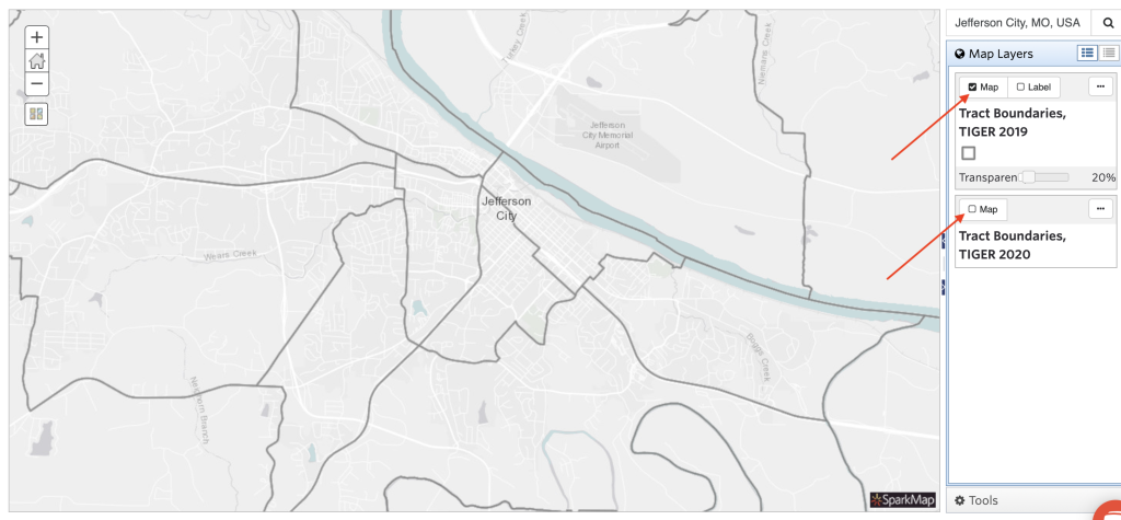 Screenshot showing where to toggle on and off map layers in the Map Room