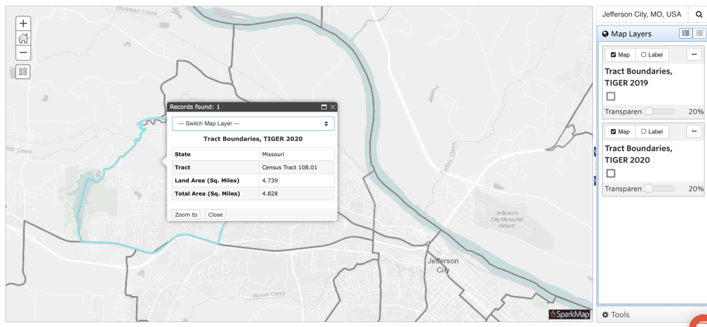 Example of data box in map room showcasing new tract name and areas.